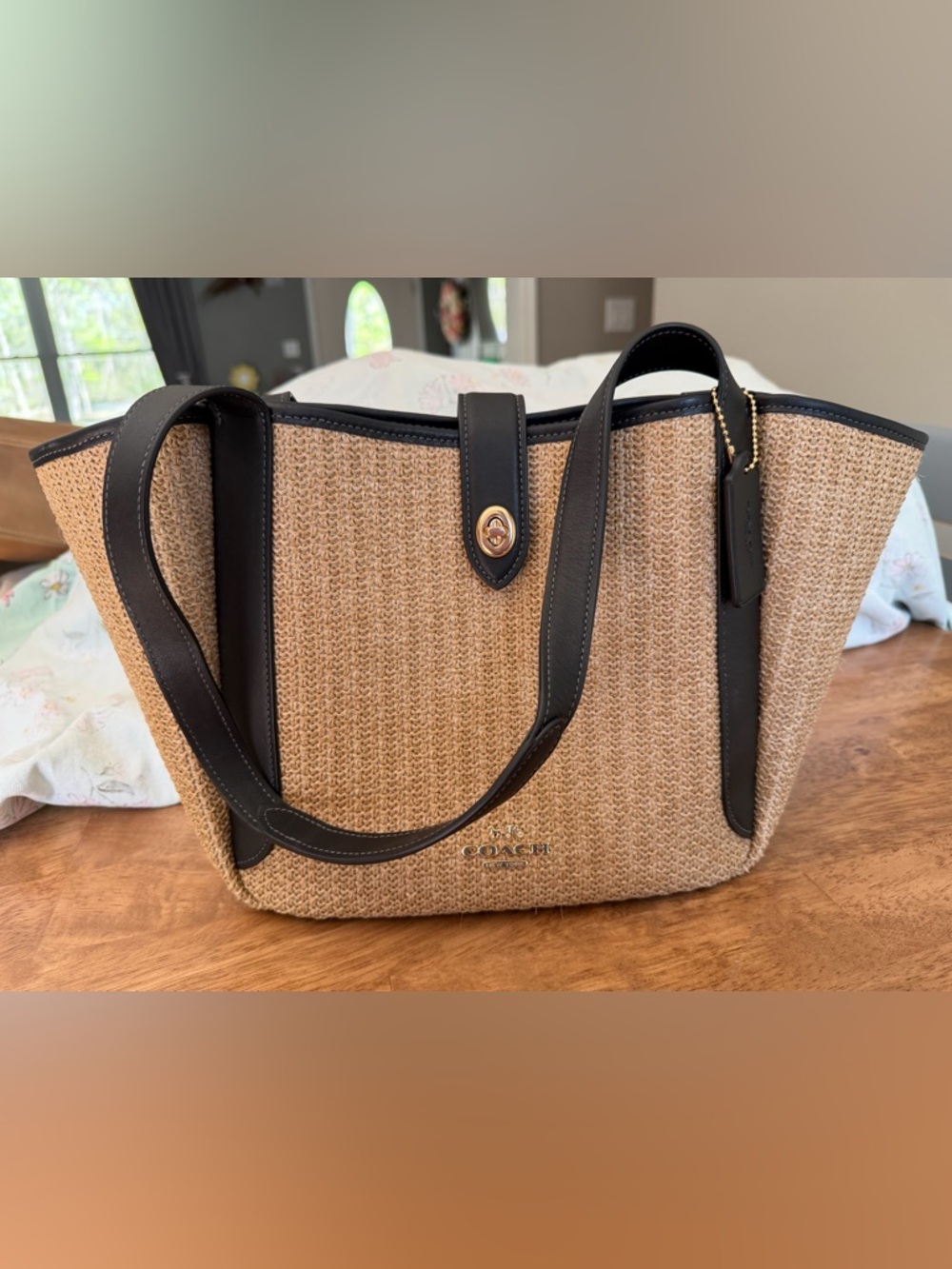 Coach Natural Straw Tote with Black Leather Trim